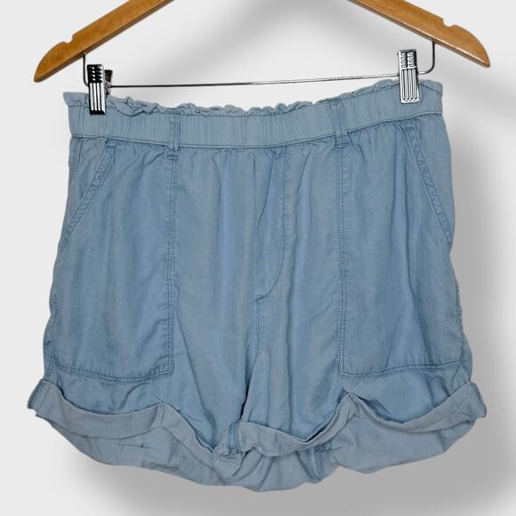 Aerie Paperbag Chambray Shorts Medium Blue High Waist Tie Waist Pocketed Beachy - Picture 1 of 5